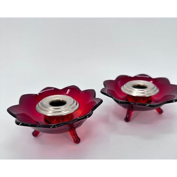 Vintage Fenton Ruby Red Amberina Glass Footed Lotus Candle Holders & Inserts HTF - Picture 1 of 9